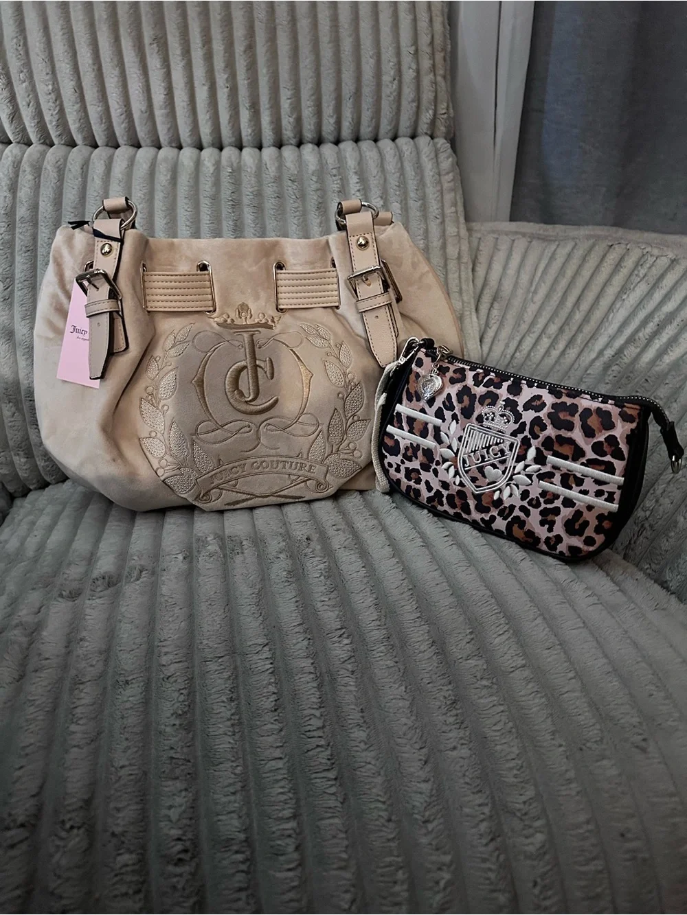 Juicy Couture Beige Suede Shoulder Bag with Leopard Wristlet